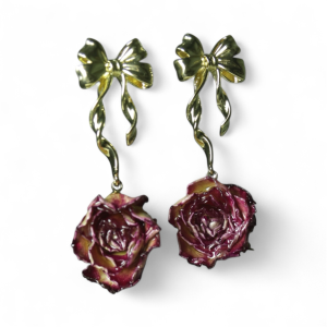 Amethyst Whisper – Real Rose & Gilded Ribbon Earrings