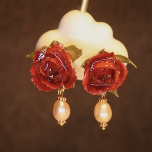 Vintage Orange Rose & Freshwater Pearl Earrings