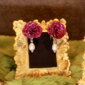 Plum Red Rose & Freshwater Pearl Earrings