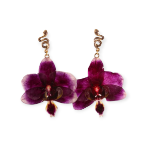Baroque Deep Violet Orchid Earrings with Gilded Serpentine Studs
