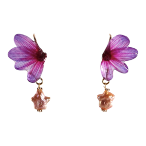 Amethyst Wing – Chrysanthemum Petal & Baroque Pearl Earrings