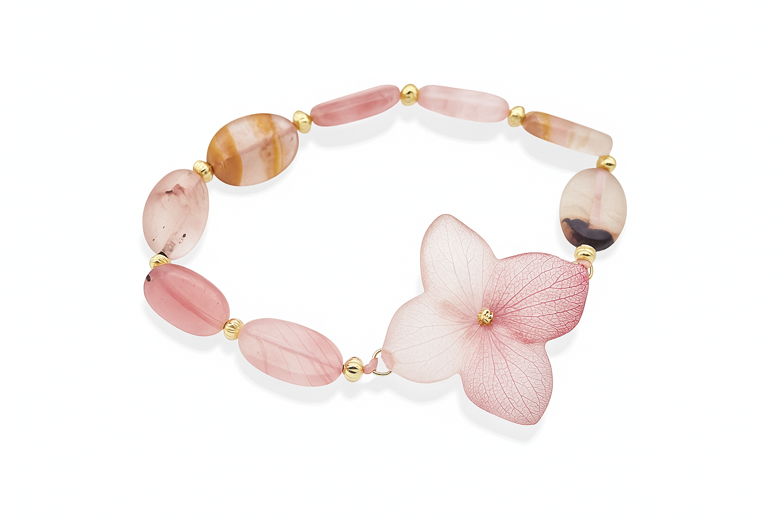 Rosy Memory — Hydrangea and cherry quartz bracelet - 画像 (2)