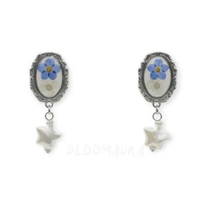 Moonlit Silver Frame – Forget-Me-Not & Baroque Pearl Earrings